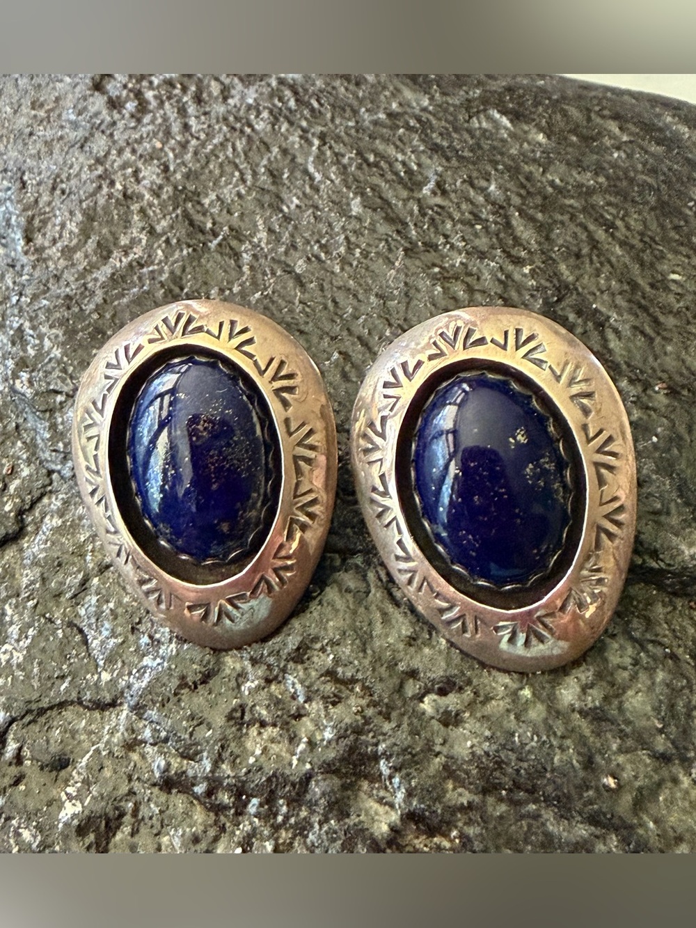 Native American Vintage Lapis Clip Earrings - Picture 2 of 12